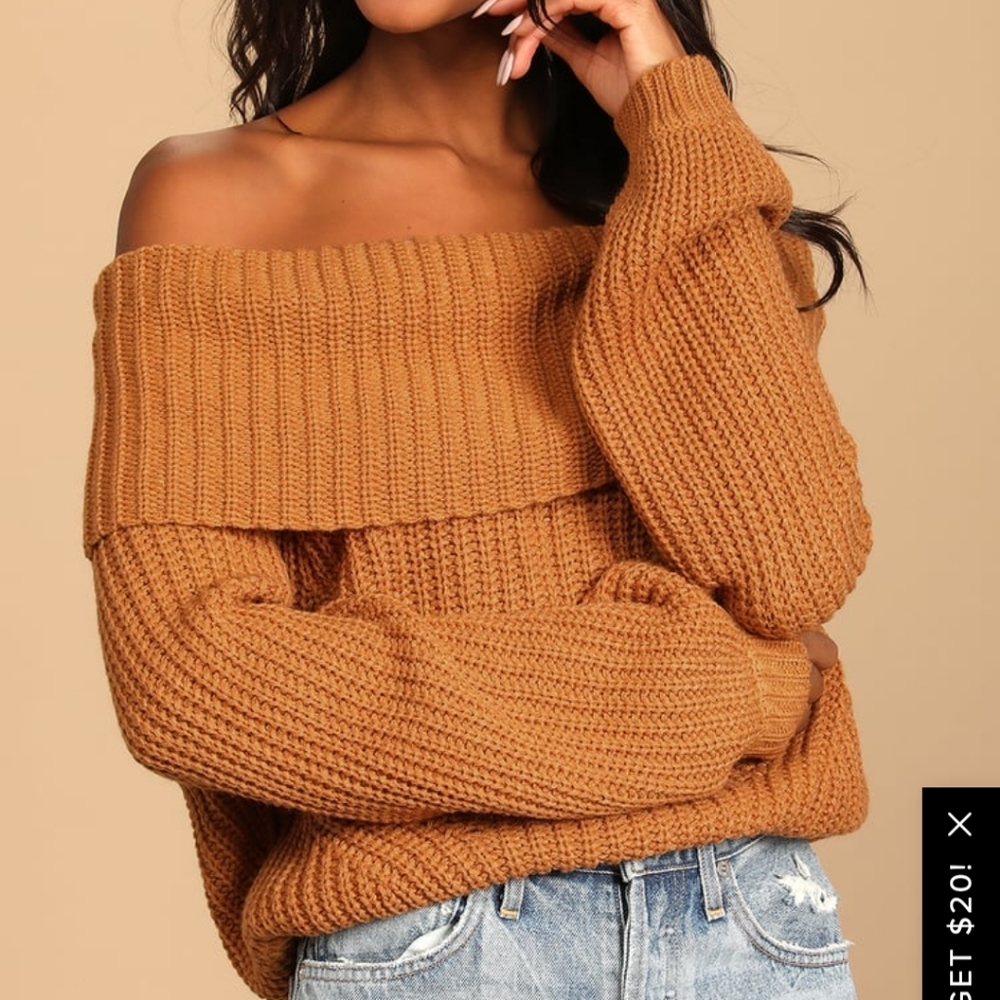 Lulu's Carmichael Light Brown Off-the-Shoulder Knit Sweater medium